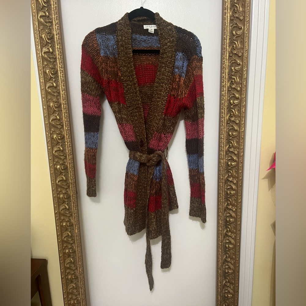 Studio JPR Colorful Knit Cardigan Belted Striped Medium Y2K indie rainbow grunge